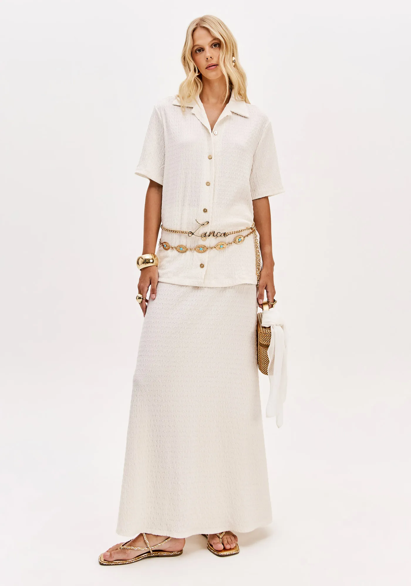 Saia Evasê Super Midi Cintura Alta