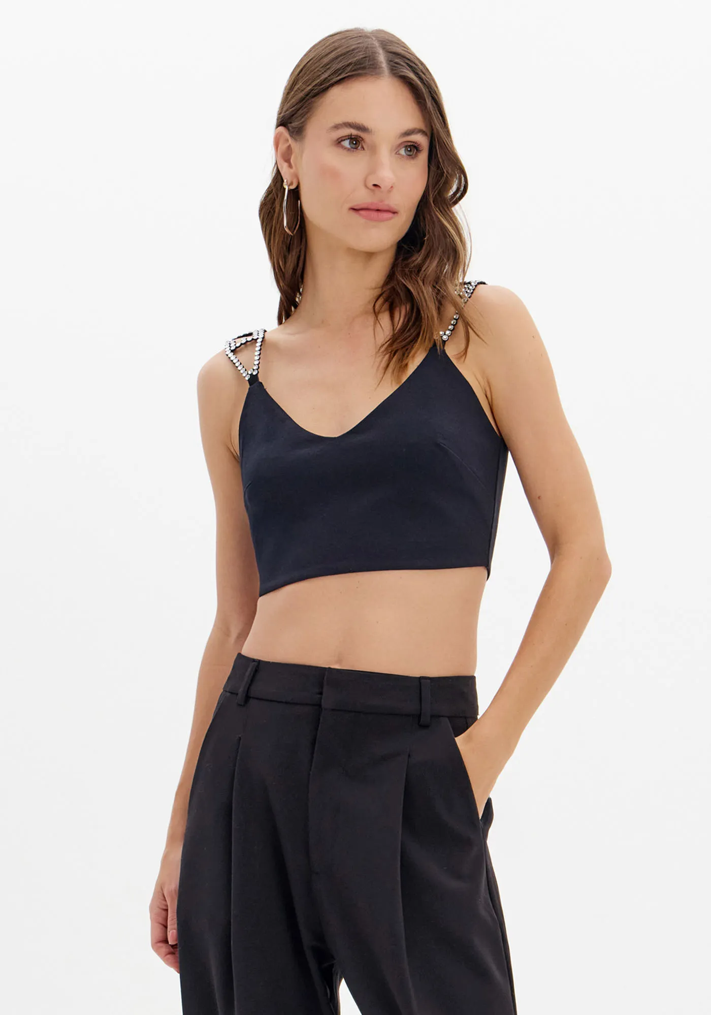 Top Com Zíper E Aplicações Nas Alças