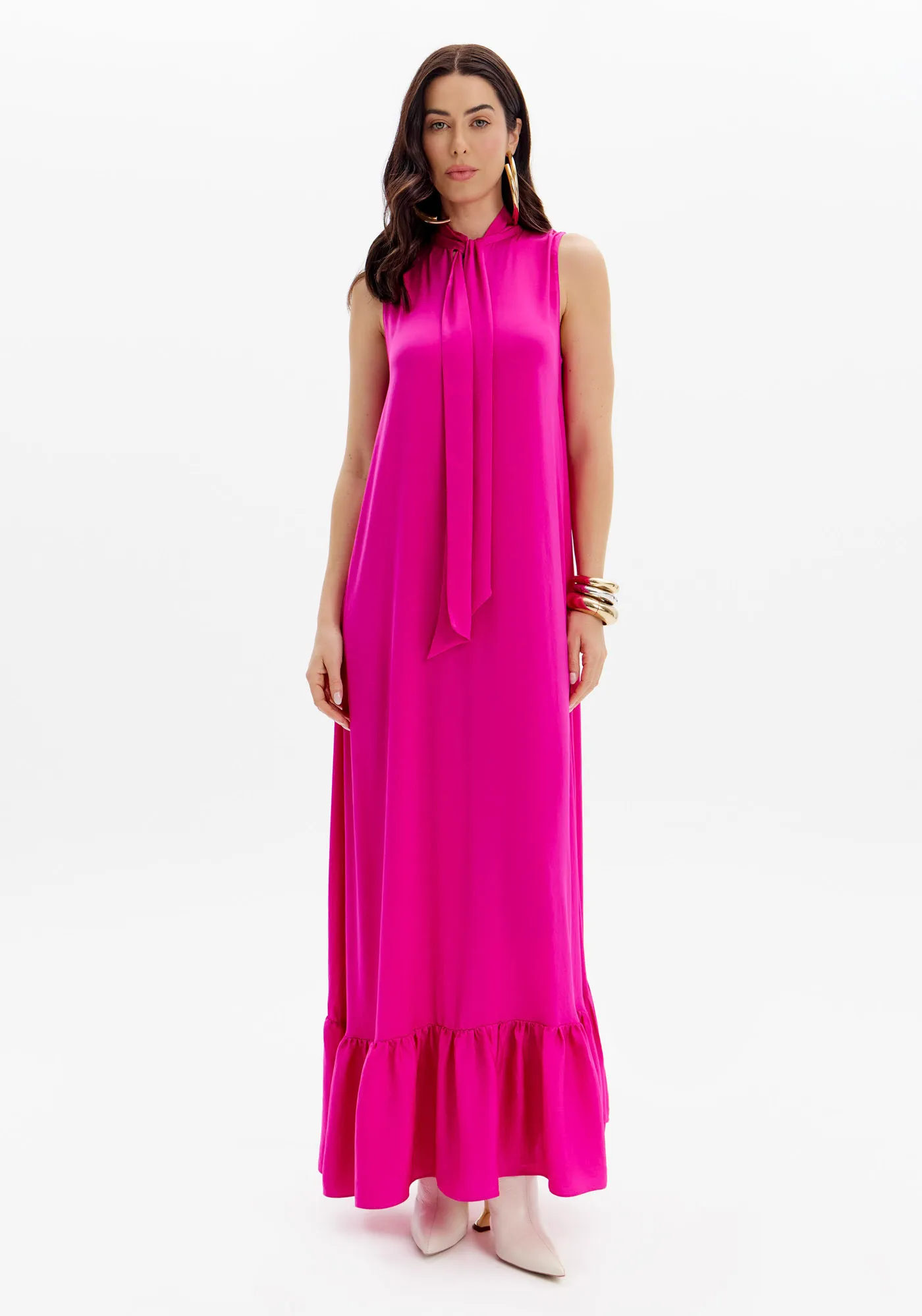 Vestido Super Midi Com Amarração E Babado Na Barra