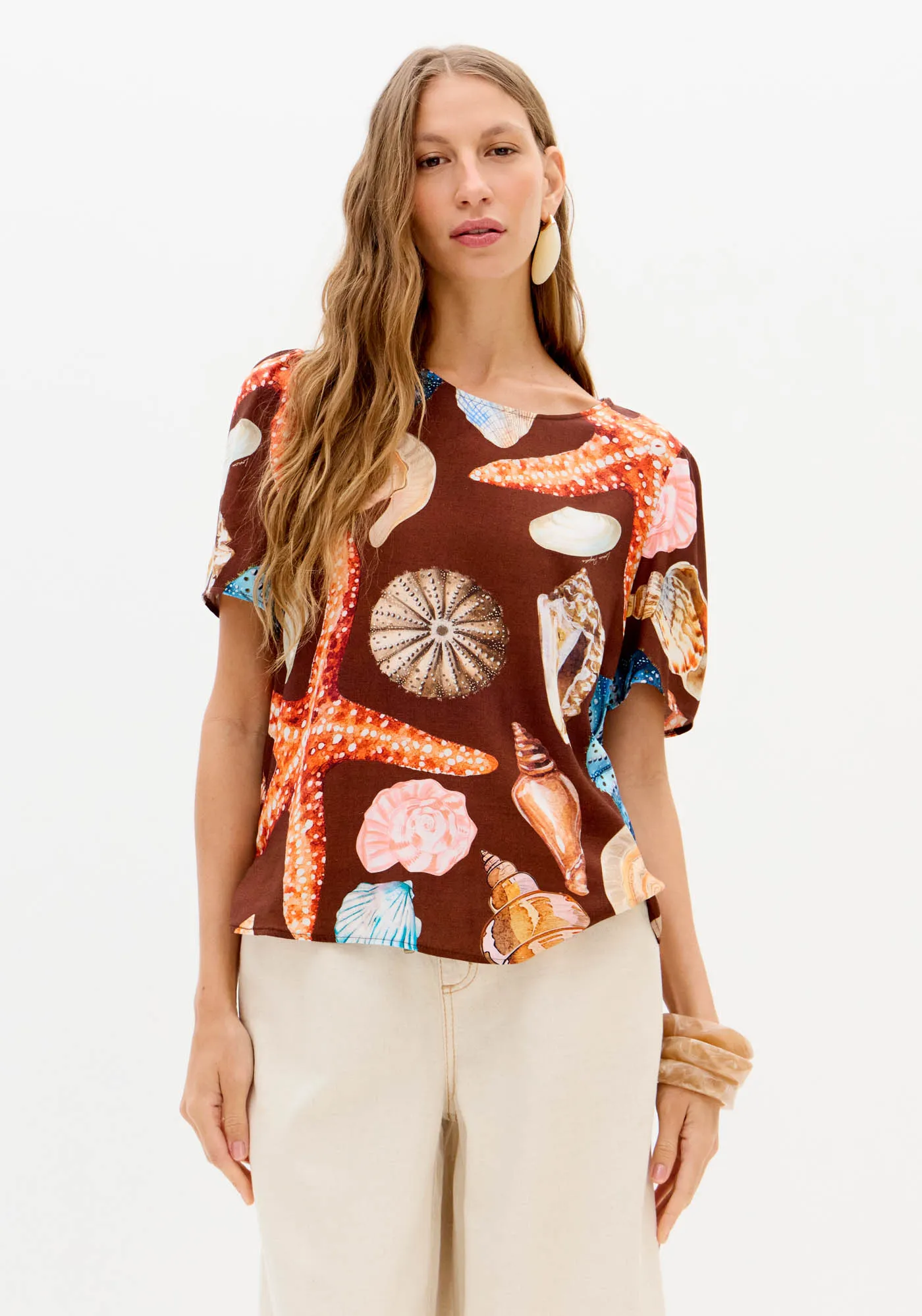 Blusa Mangas Curtas Básica Estampada