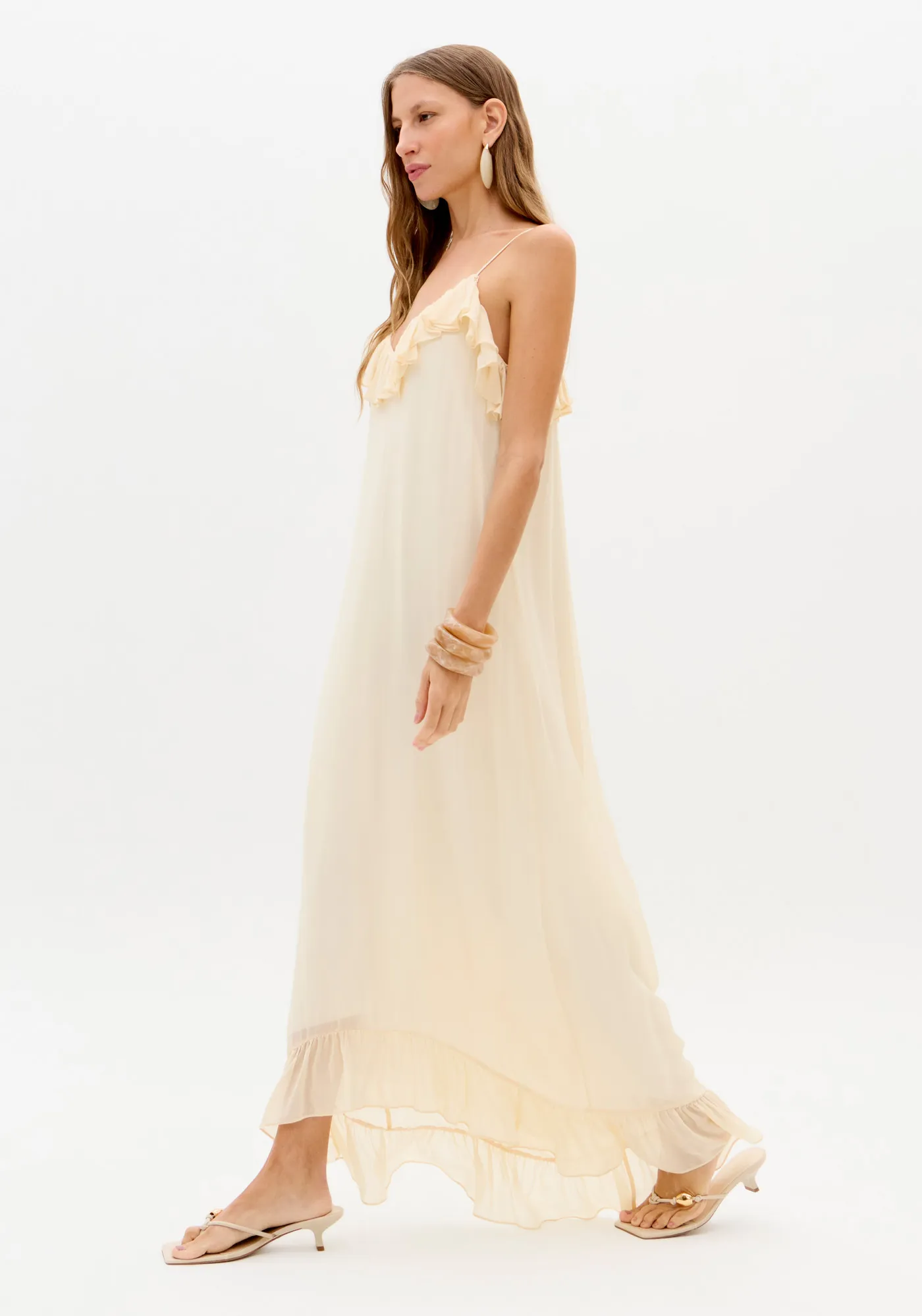 Vestido Super Midi De Alças Com Babados