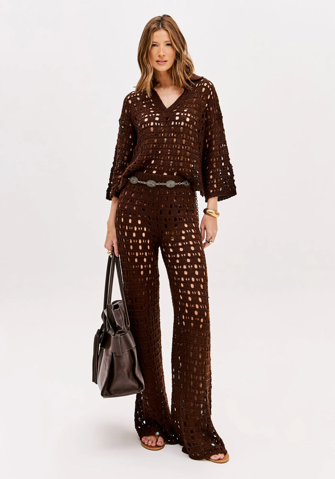 Calça Reta De Tricô Cintura Alta