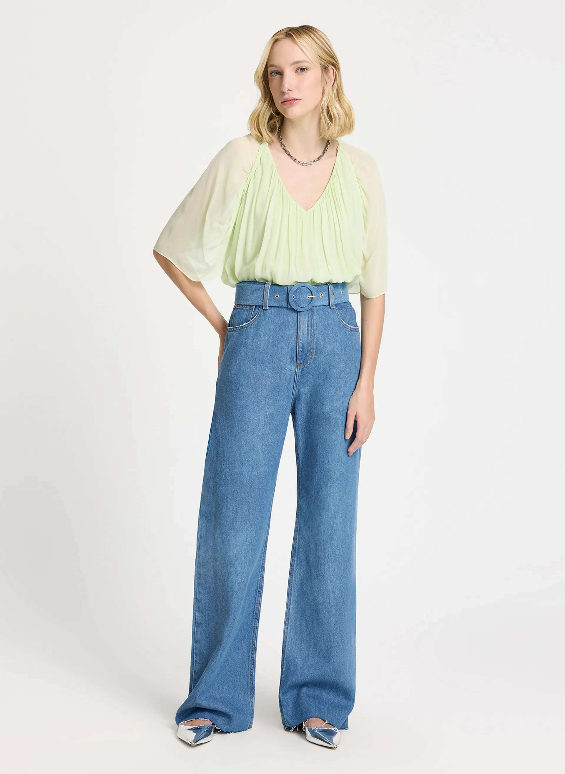 Calça Le Lis Pantalona Maria Cinto Jeans Feminina