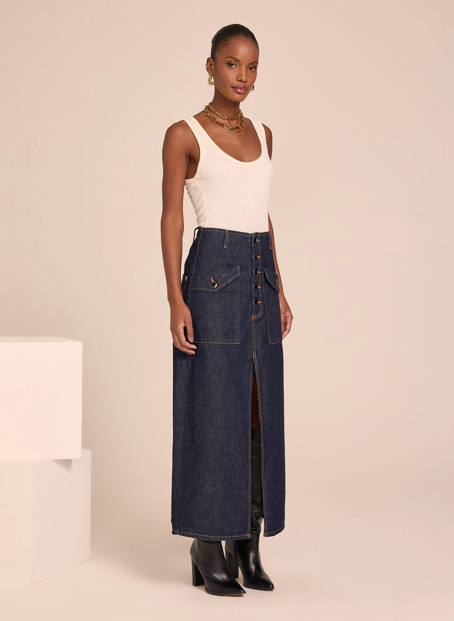 Saia Le Lis Pietra Midi Jeans Feminina