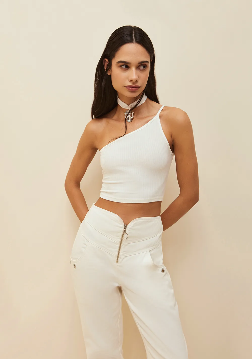 Top Morena Rosa Ombro Só Alça Assimétrico Off White