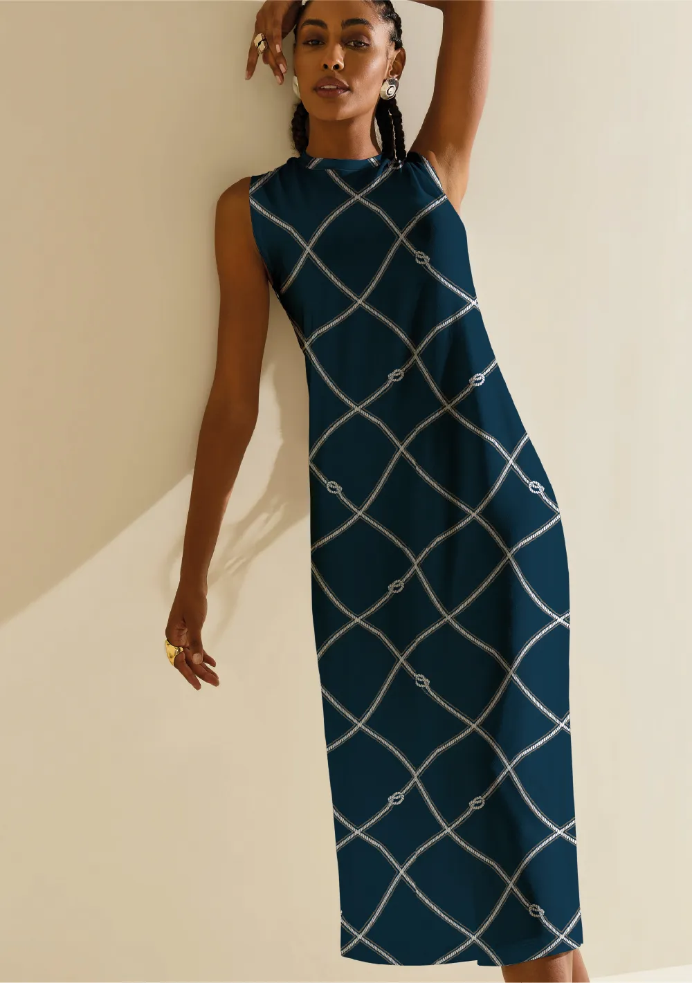 Vestido Morena Rosa Solto Decote Careca Sem Manga Midi Azul