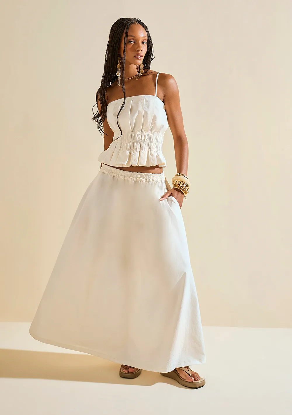 Top Morena Rosa Decote Quadrado Alça Fina Off White