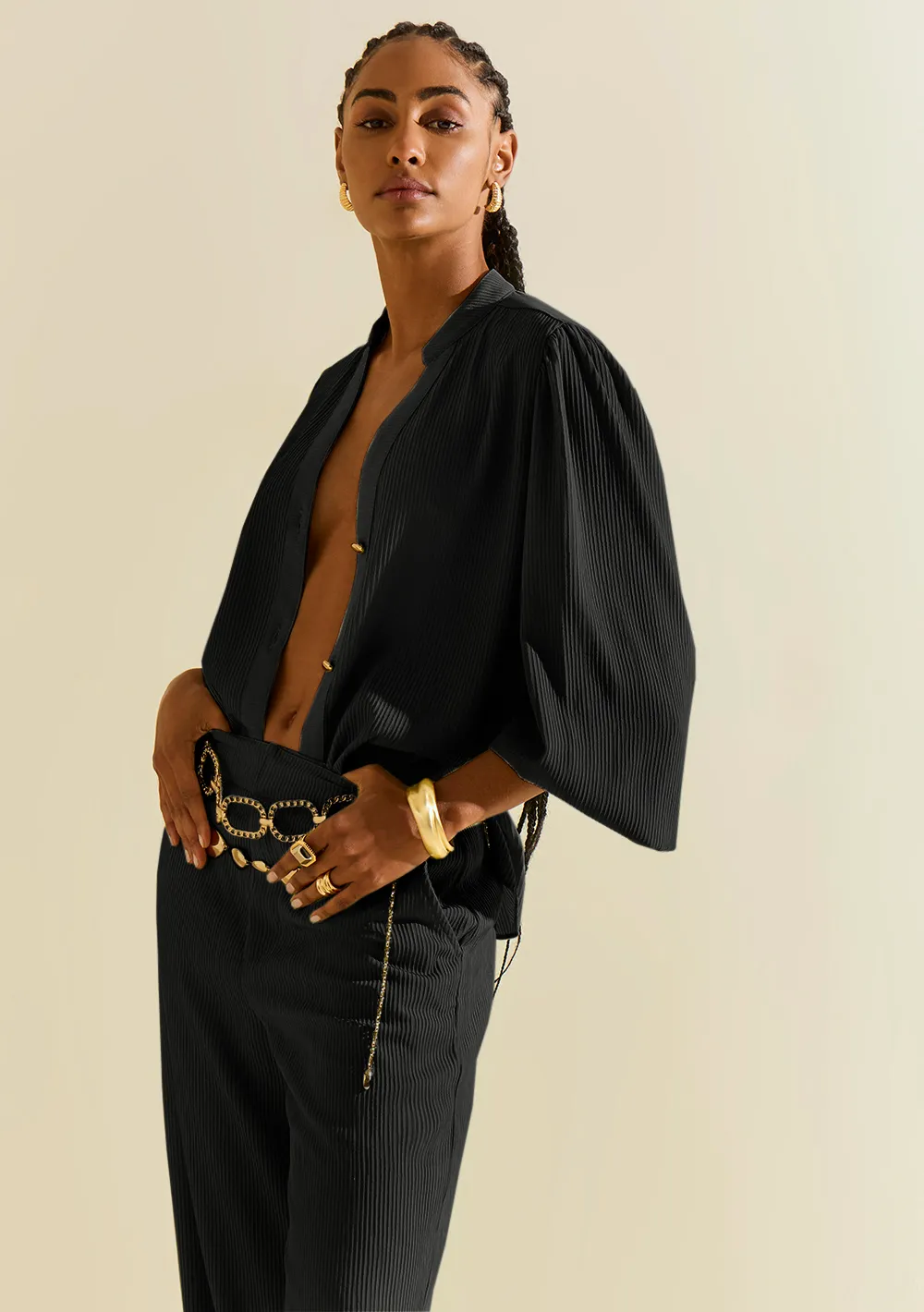 Camisa Morena Rosa Solta Gola Padre Manga Longa Alongada Preto