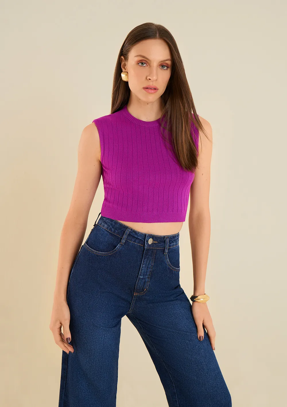 Blusa Morena Rosa Decote Redondo Sem Manga Tricôt Roxo