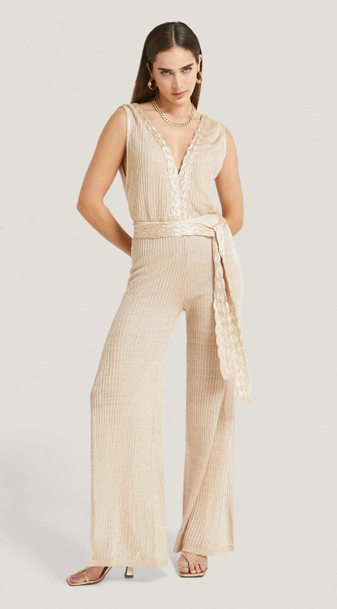 Calca Morena Rosa Reta Cós Alto Detalhe Fio Metalizado Dourado