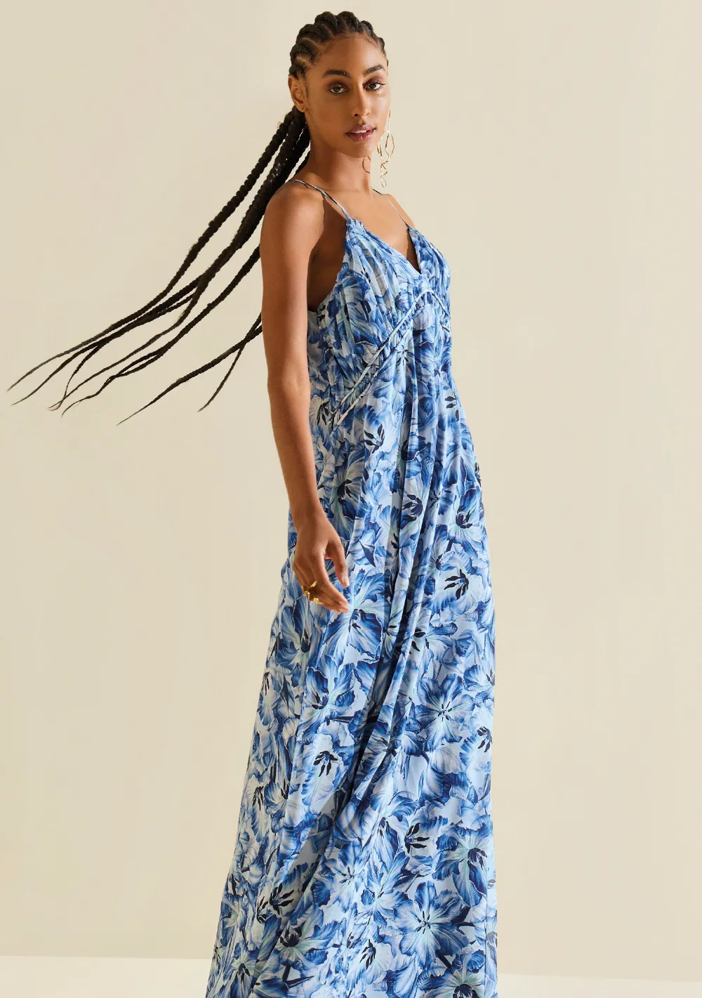 Vestido Morena Rosa Solto Decote V Com Alça Longo Azul