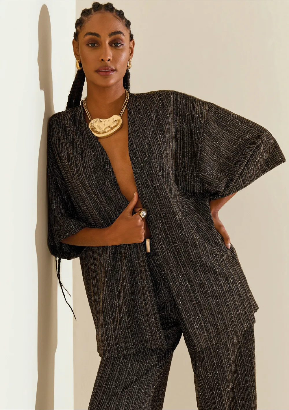 Kimono Morena Rosa Solto Manga 3 Quartos Alongado Preto