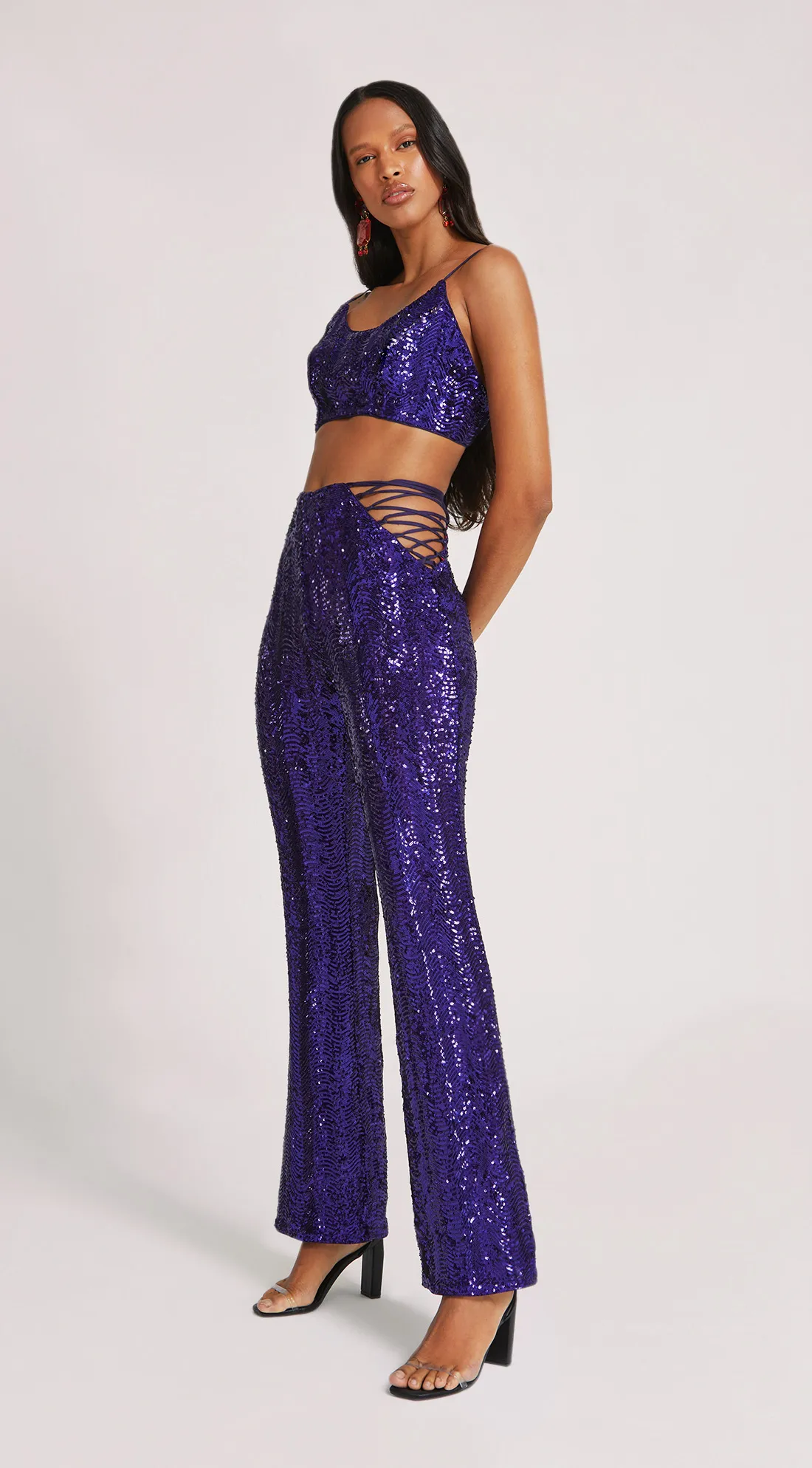 Calca Morena Rosa Boot Cut Cós Alto Detalhe Paetê Roxo