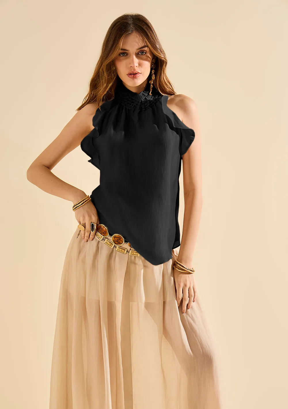 Regata Morena Rosa Solta Decote Costas Padrão Preto