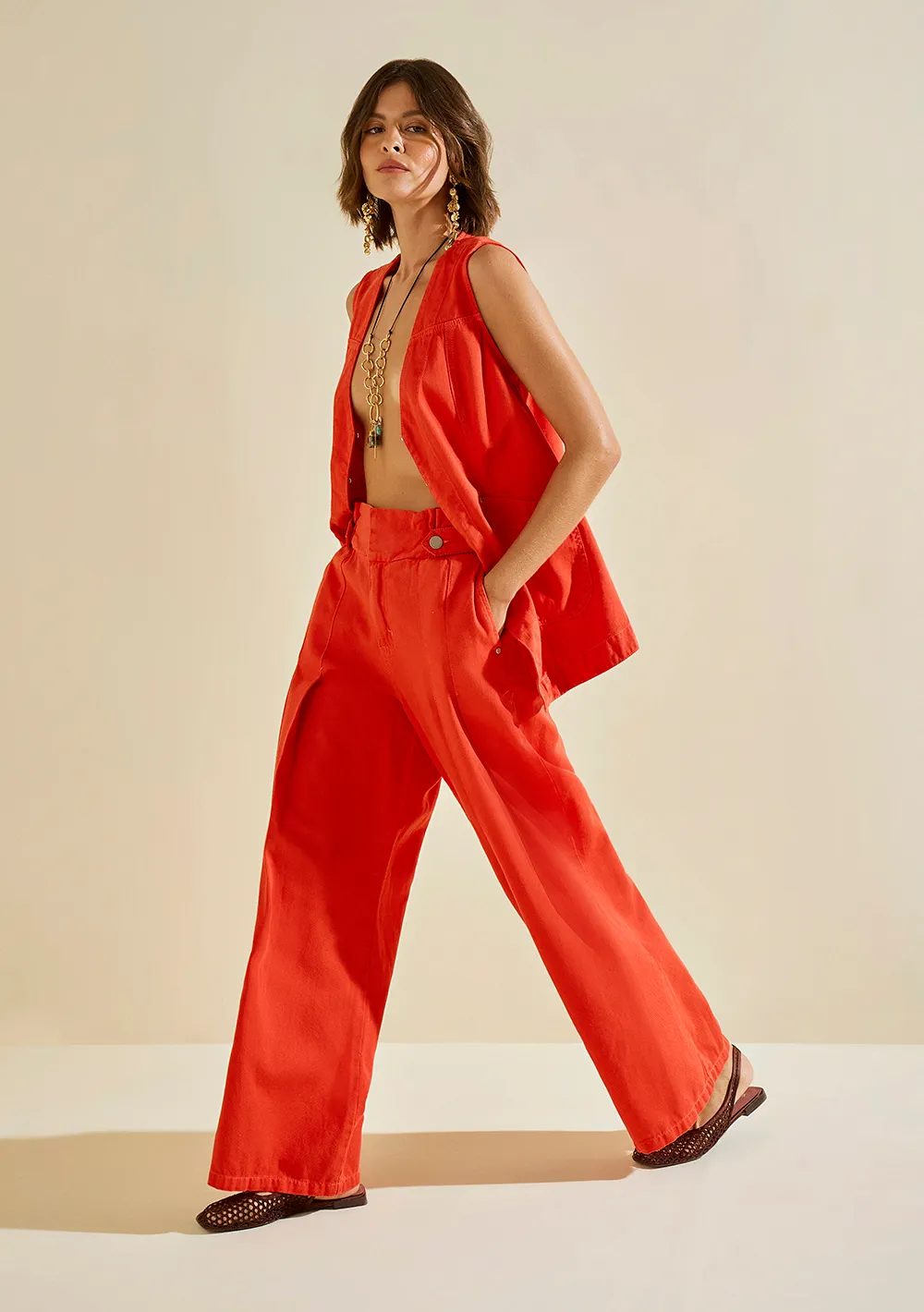 Calça Morena Rosa Wide Alta Vermelho