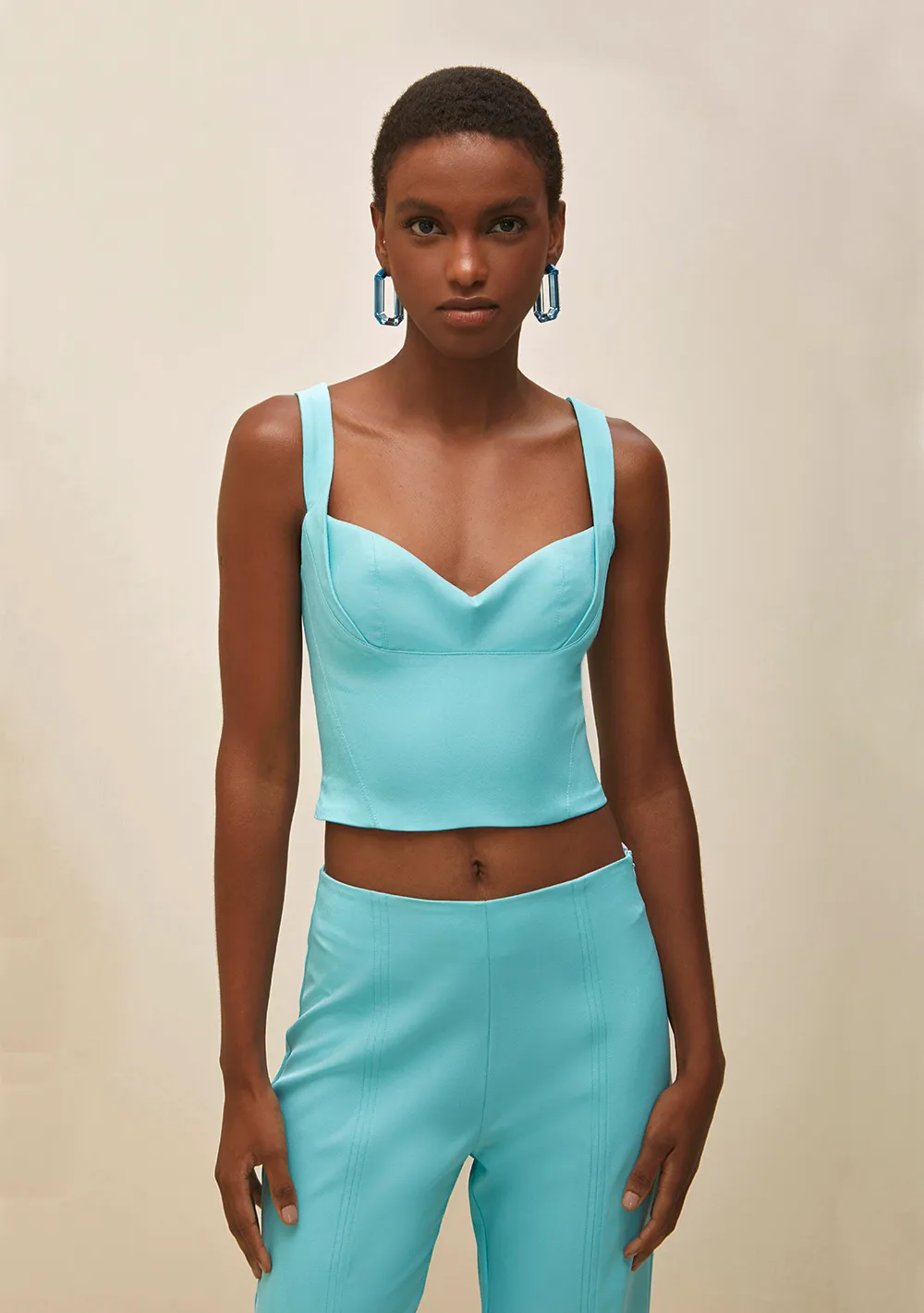 Top Morena Rosa Alfaiataria Alça Larga Detalhe Zíper Azul