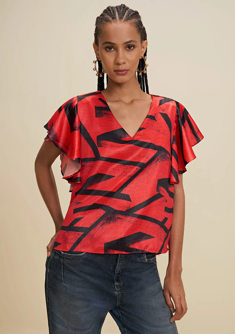 Blusa Solta Decote V Manga Curta Cropped Vermelho
