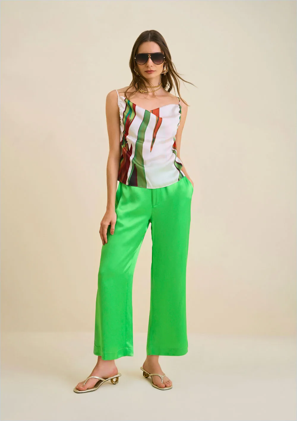 Calça Morena Rosa Wide Cós Alto Com Bolso Verde