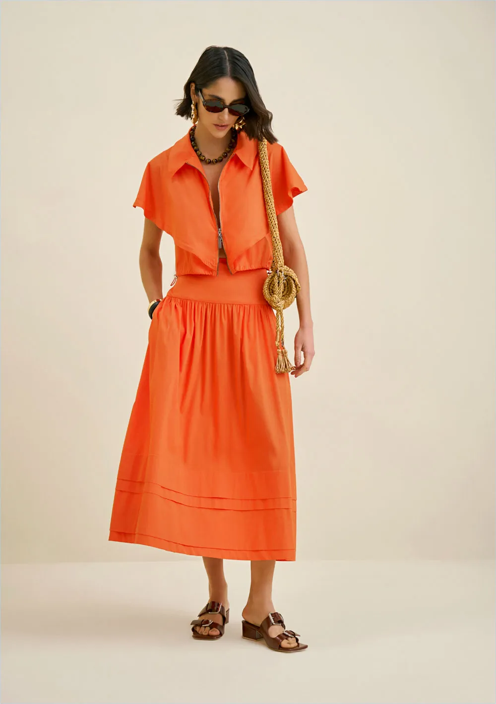 Saia Morena Rosa Midi Evasê Com Zíper Laranja