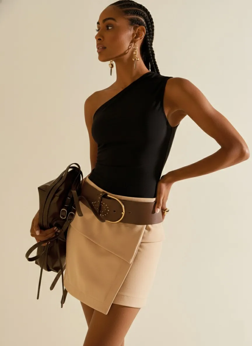 Regata Morena Rosa Ajustada Um Ombro Só Padrão Preto