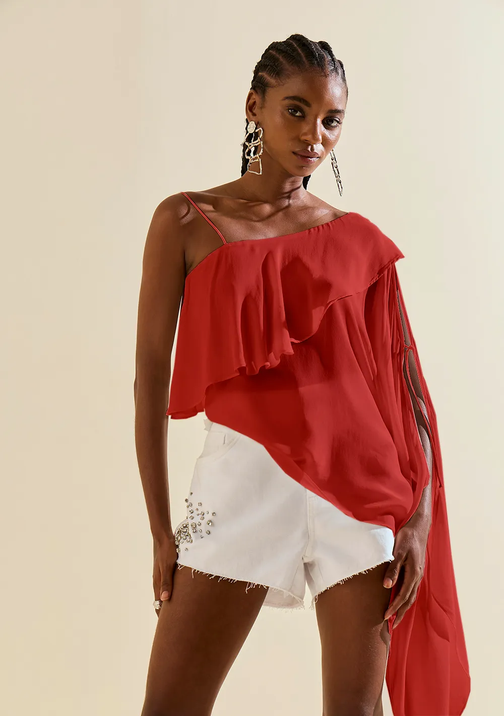 Blusa Morena Rosa Solta Um Ombro Só Sem Alça Alongada Vermelho