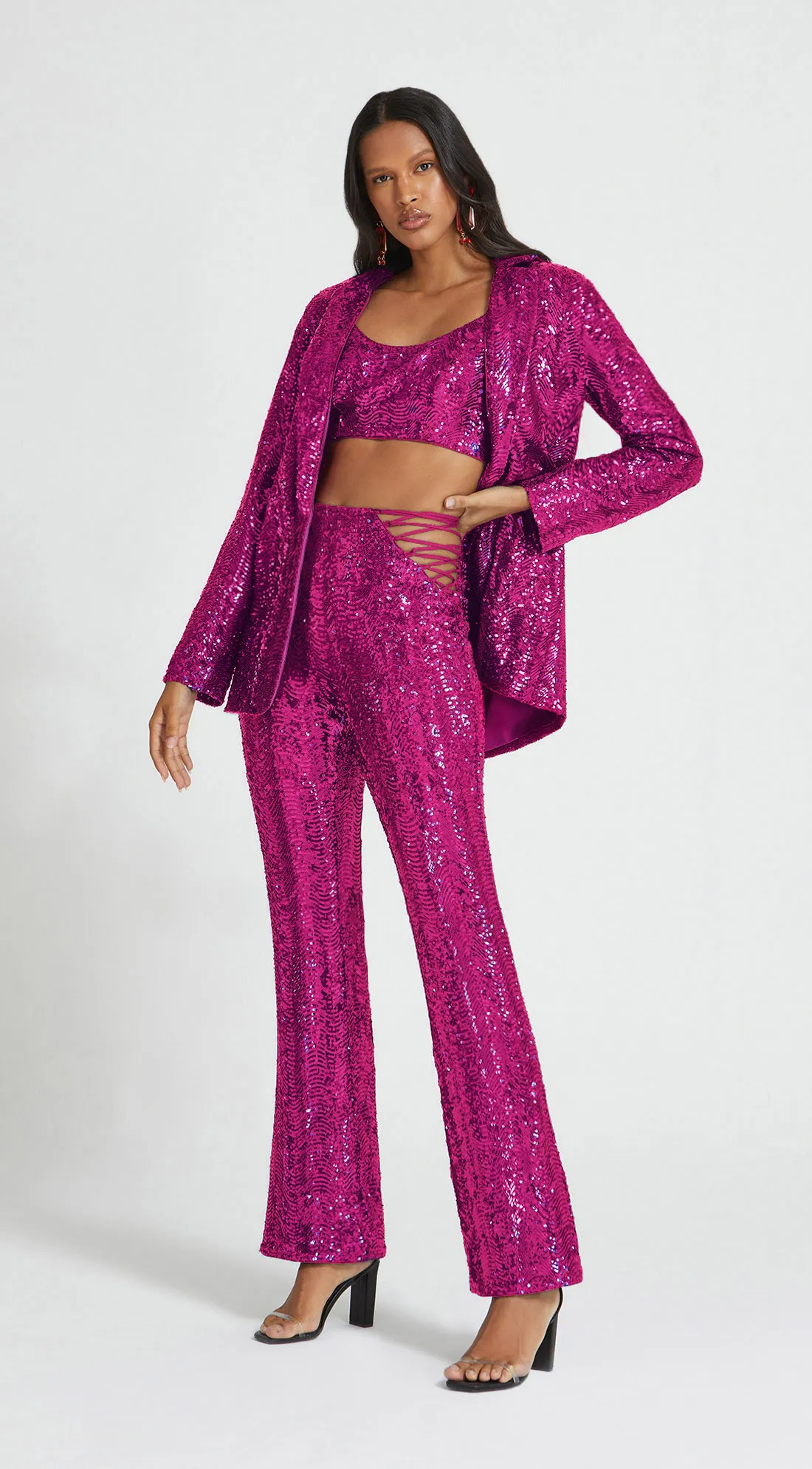 Calca Morena Rosa Boot Cut Cós Alto Detalhe Paetê Pink