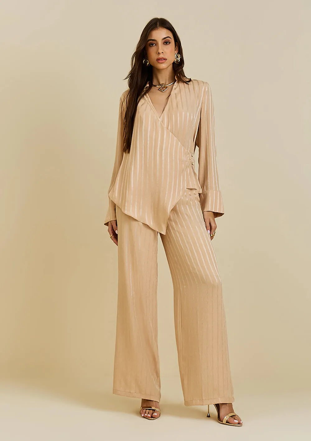 Calça Morena Rosa Wide Alta Bege