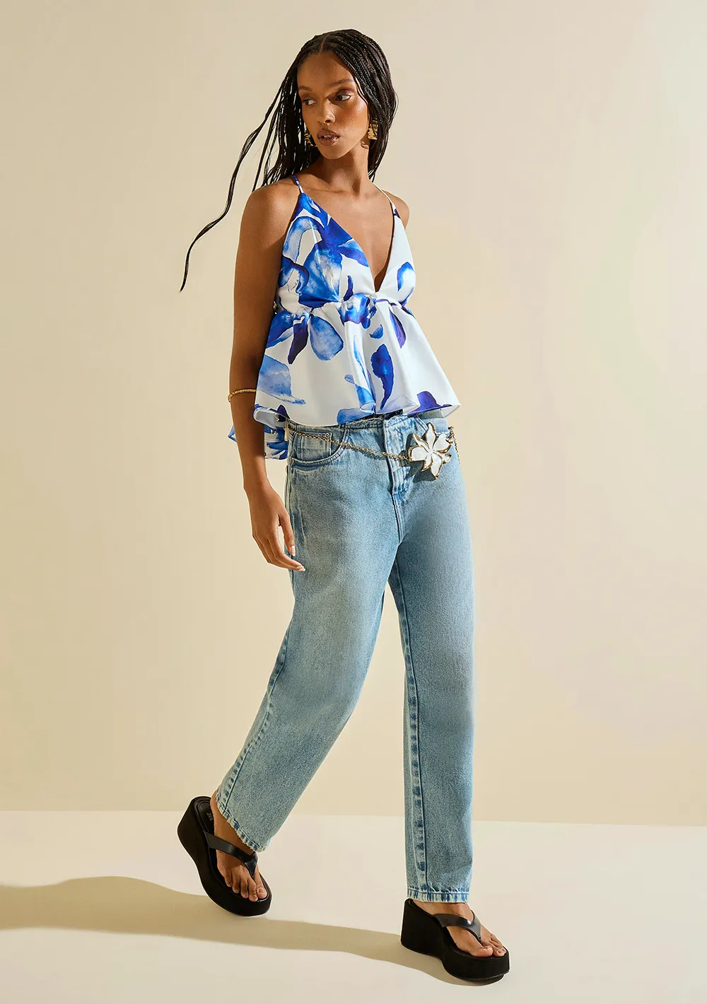 Top Morena Rosa Decote V Alça Fina Azul