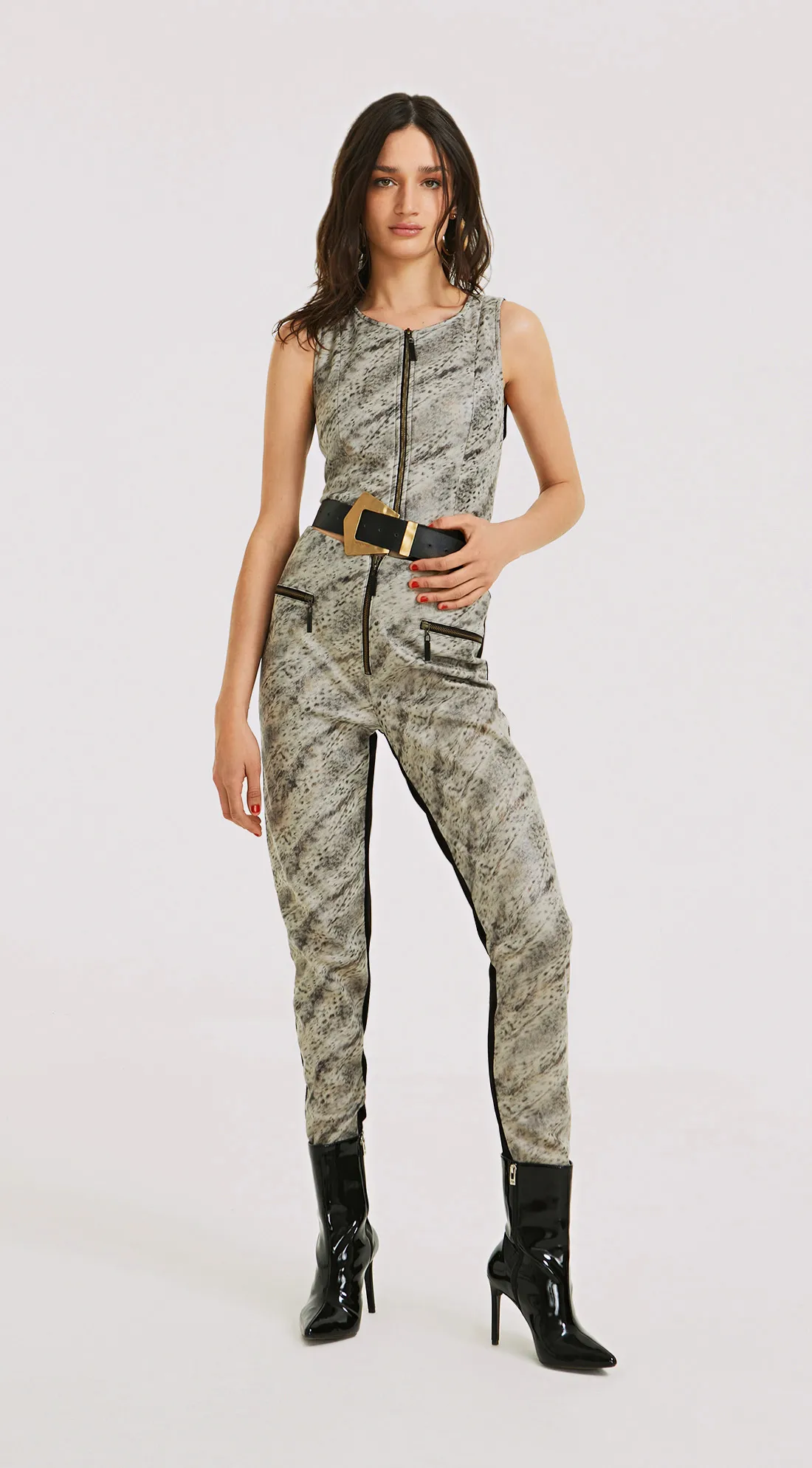 Calca Morena Rosa Skinny Cós Alto Detalhe Zíper Cinza