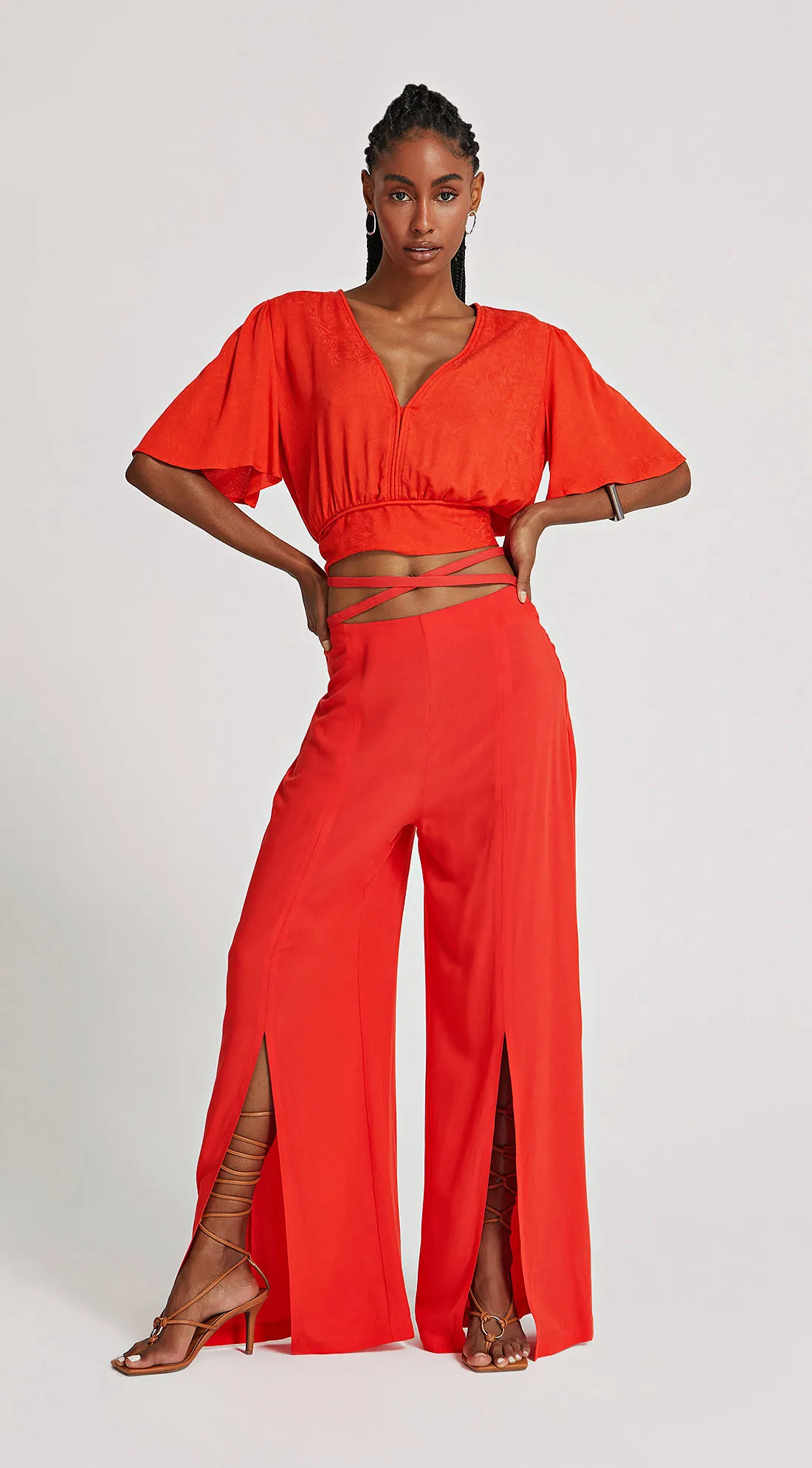 Calca Morena Rosa Pantalona Cós Alto Com Fendas Vermelho