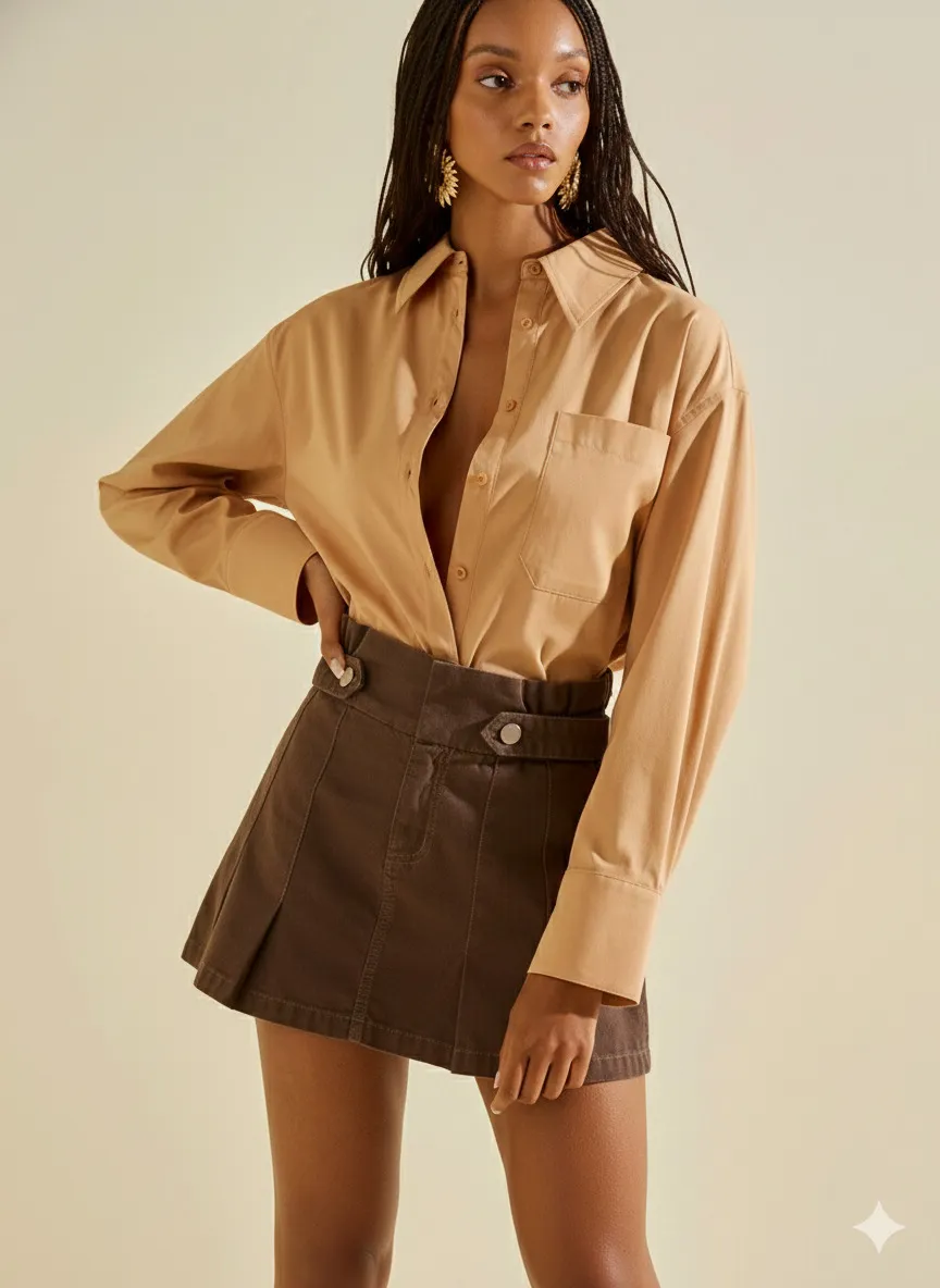 Camisa Morena Rosa Ajustada Gola Tradicional Manga Longa Padrão Marrom