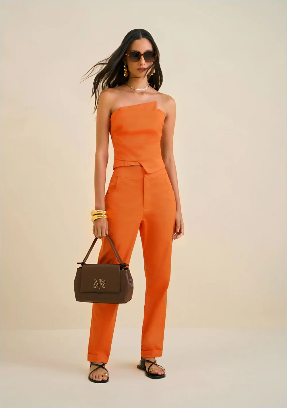 Calça Morena Rosa Reta Cós Alto Alfaiataria Laranja