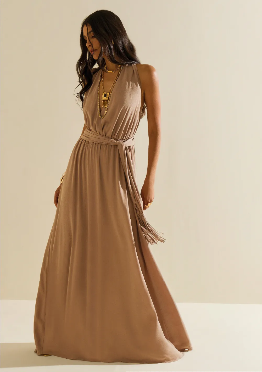 Vestido Morena Rosa Ajustado Decote Transpassado Sem Manga Longo Marrom