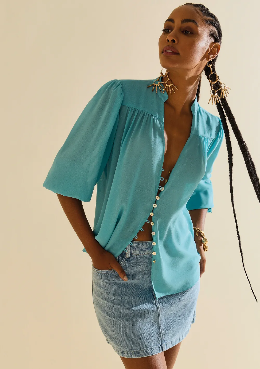 Saia Morena Rosa Reta Alta Curta Azul