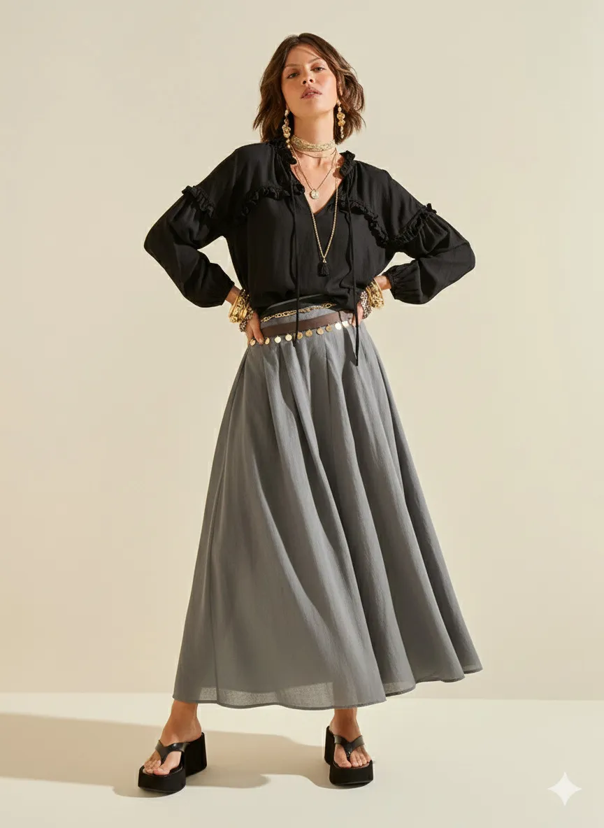 Blusa Morena Rosa Solta Decote V Manga Longa Padrão Preto