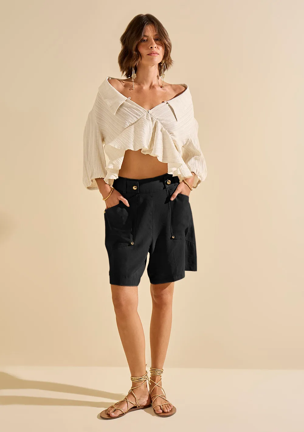 Bermuda Morena Rosa Reta Alta Preto