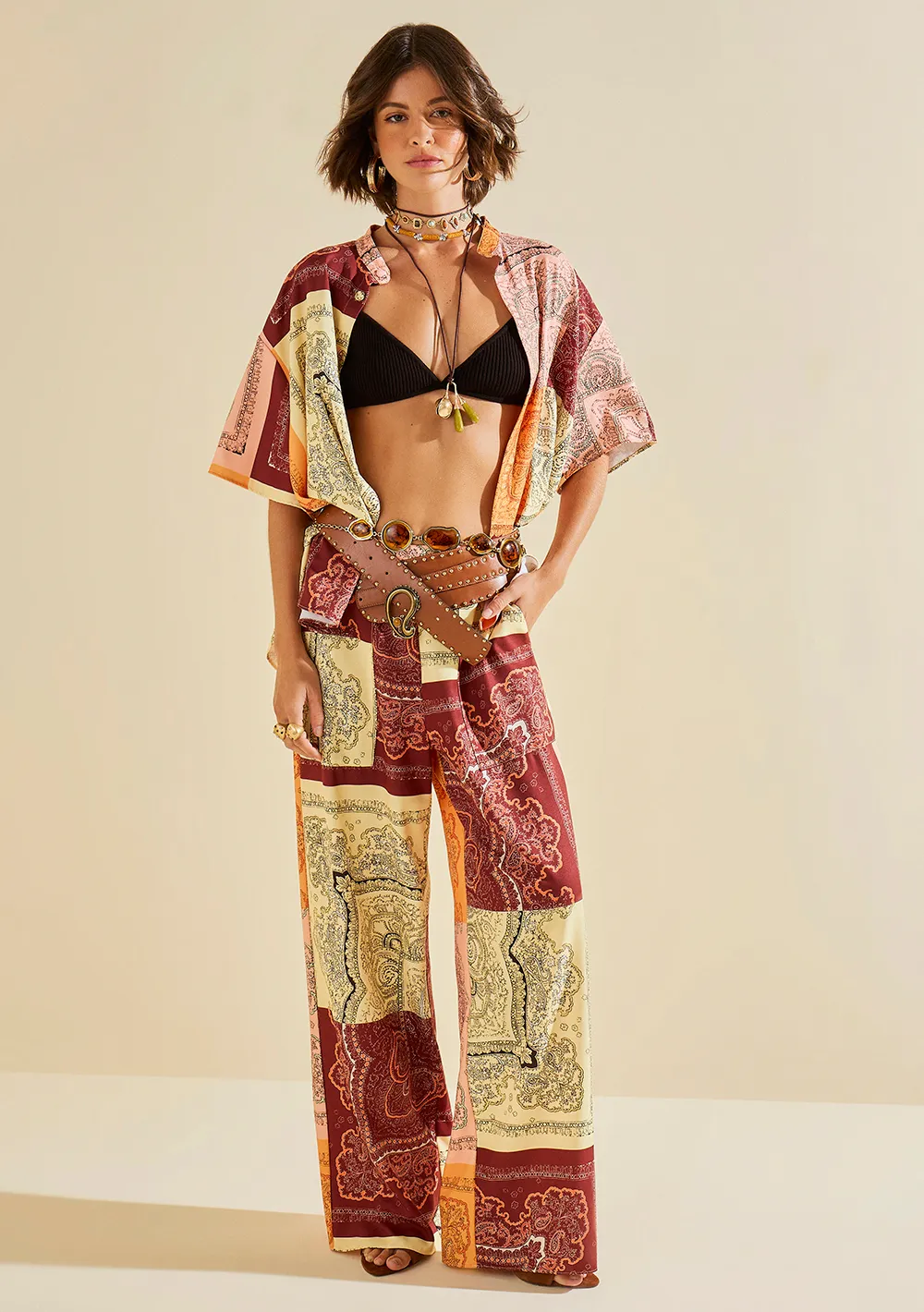 Calça Morena Rosa Wide Alta Amarelo