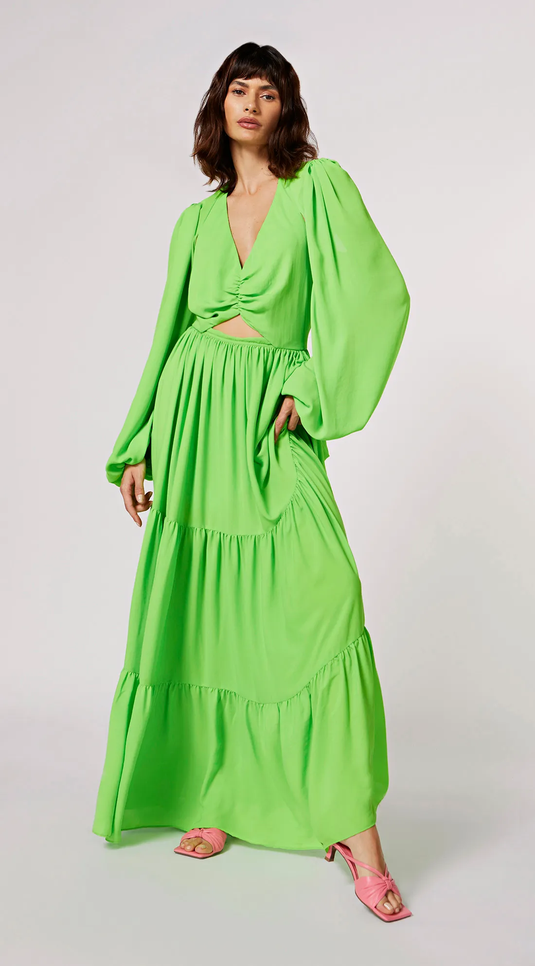 Vestido Morena Rosa Longo Decote V Com Franzido Verde