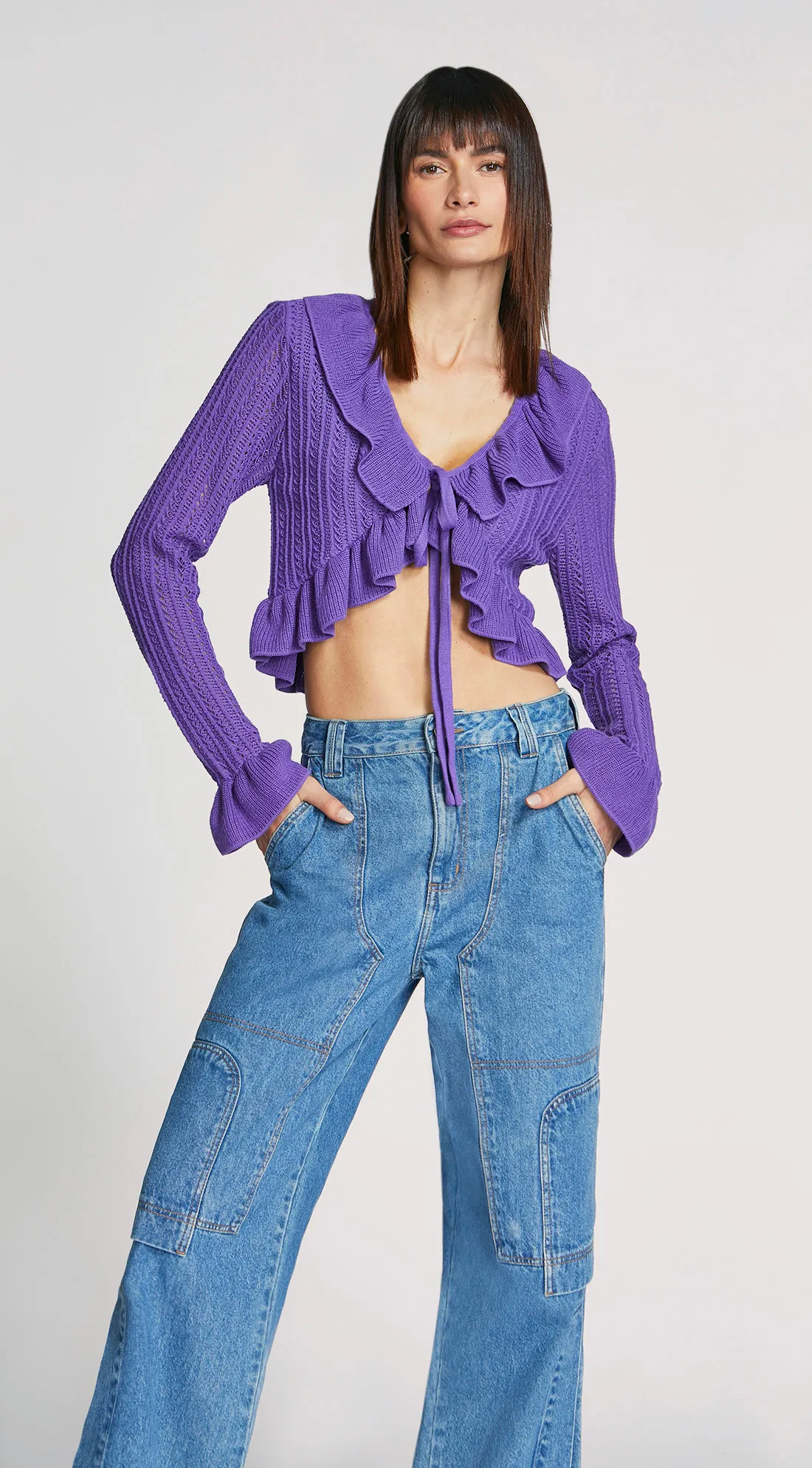 Blusa Morena Rosa Decote Amarração Manga Longa Com Babado Roxo