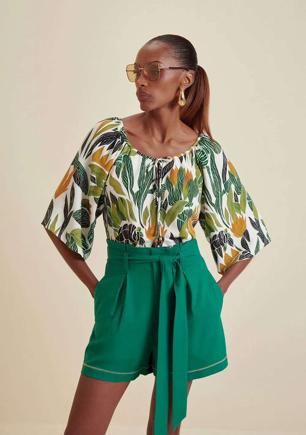 Blusa Morena Rosa Decote Redondo Manga Curta Amarração Frente Cru