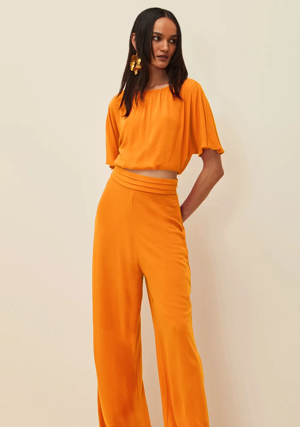 Calça Morena Rosa Reta Cós Alto Bolso Faca Laranja