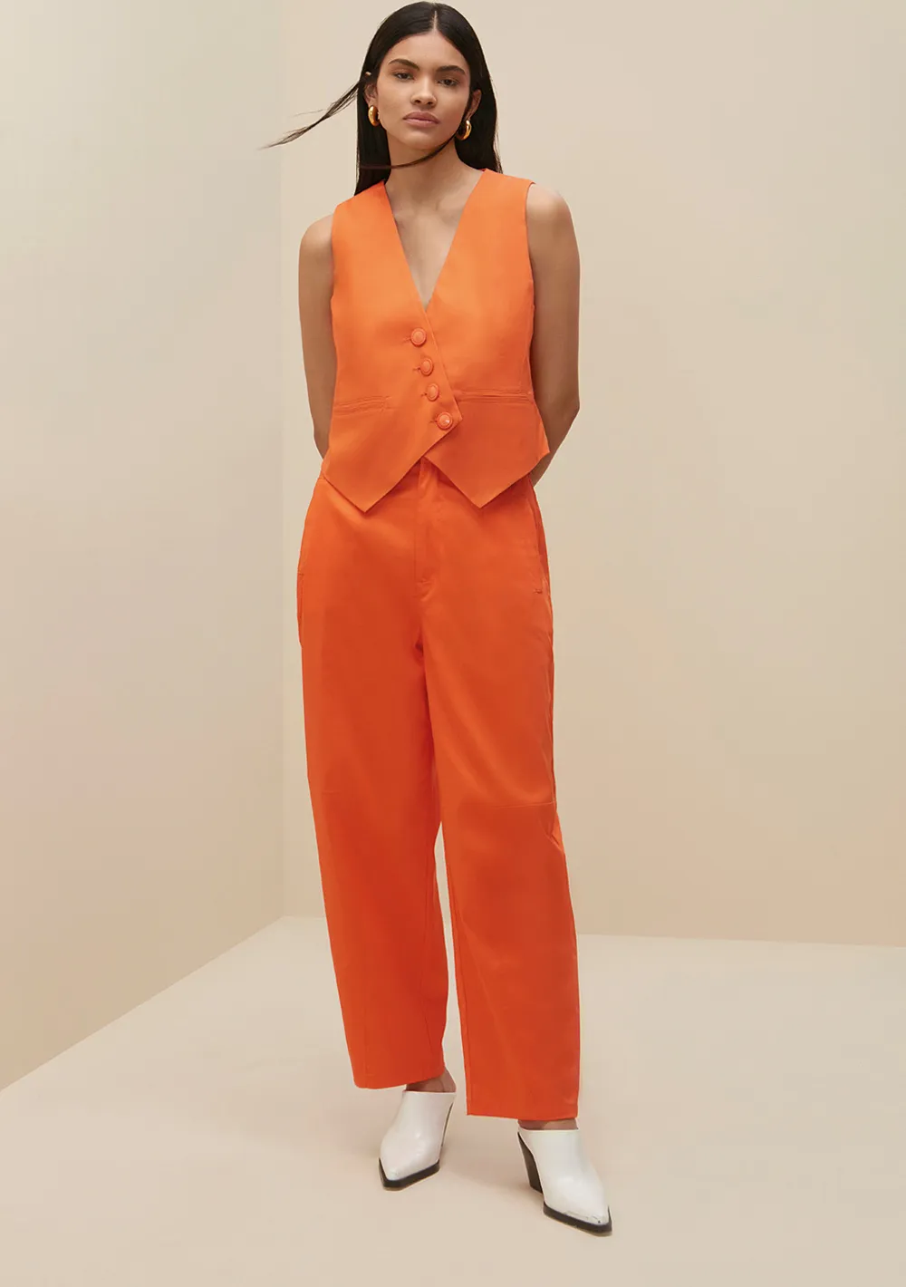 Calca Morena Rosa New Shape Cós Alto Com Pregas Laranja