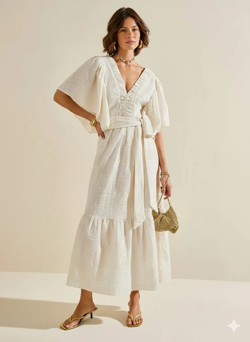 Vestido Morena Rosa Solto Decote V Manga Curta Midi Off White