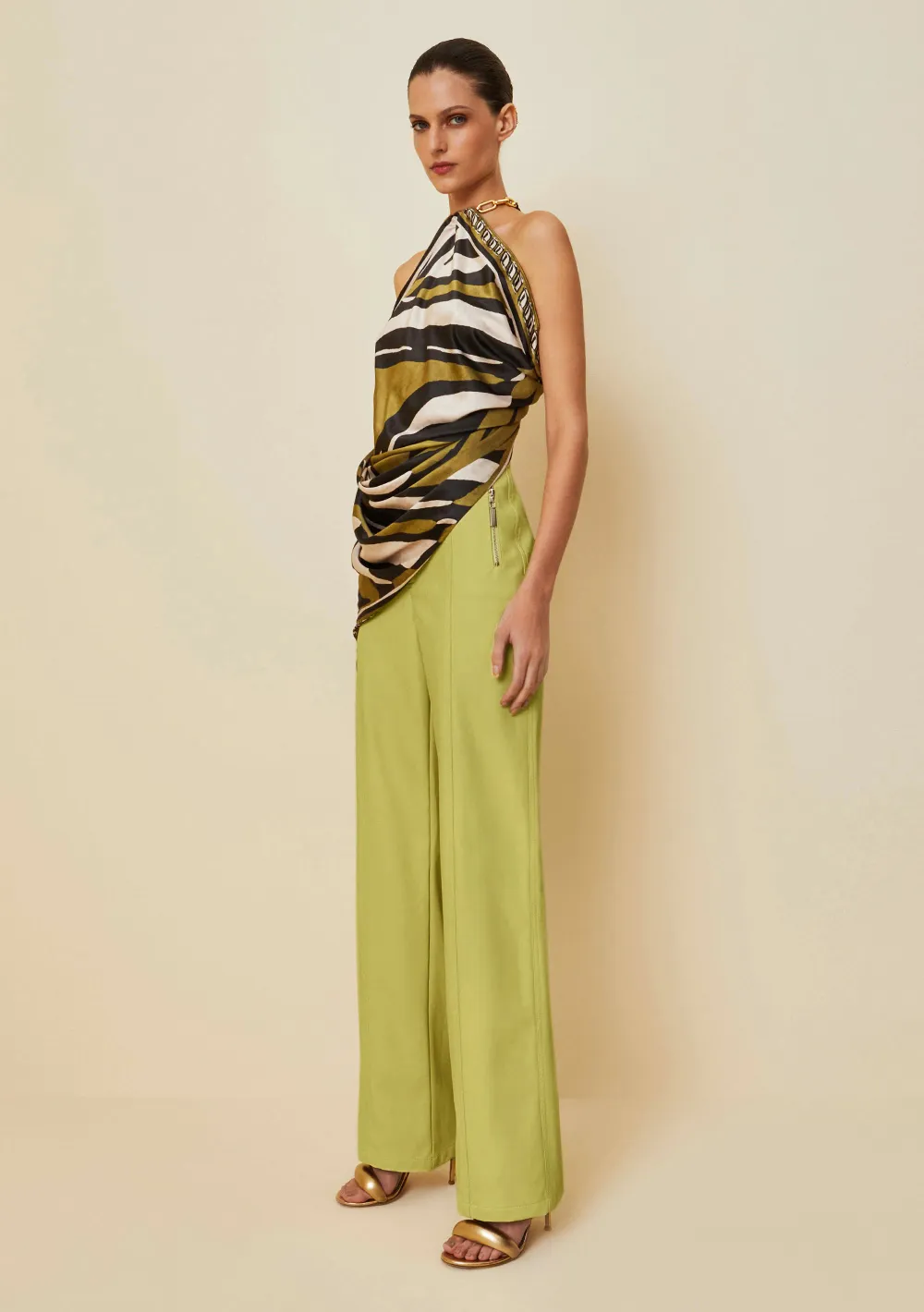 Calca Morena Rosa Reta Cós Alto Zíper Duplo Frente Verde Claro