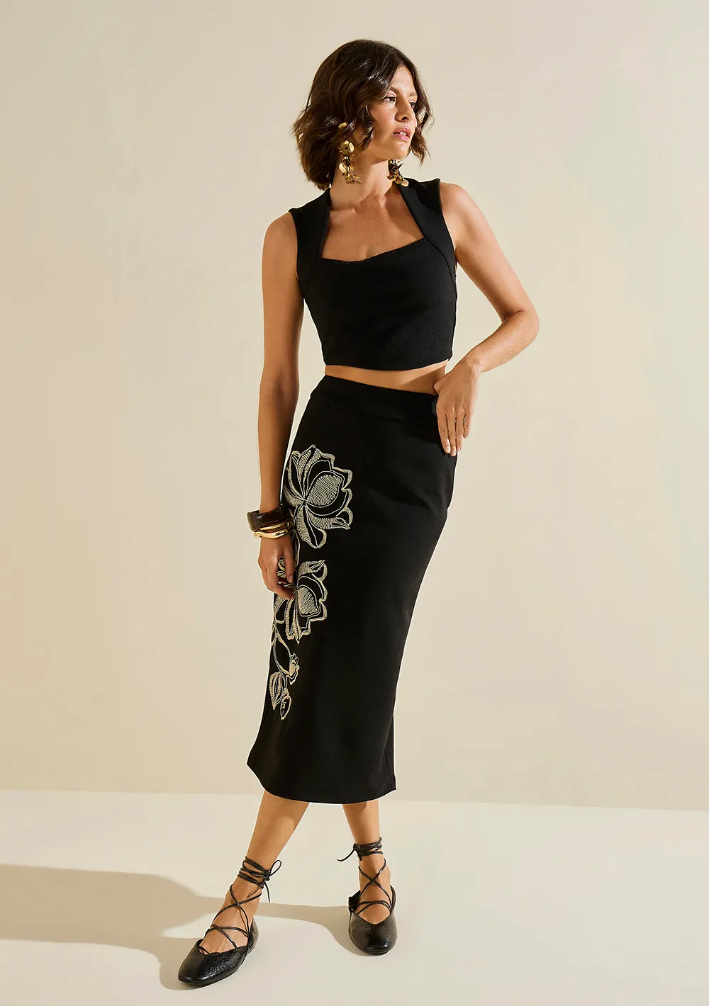 Saia Morena Rosa Lápis Alta Midi Preto