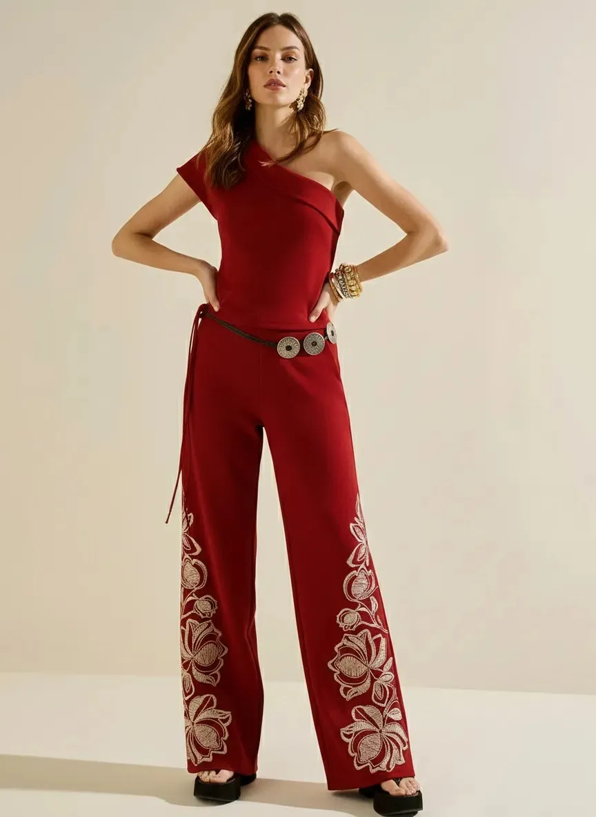 Calça Morena Rosa Pantalona Alta Vermelho
