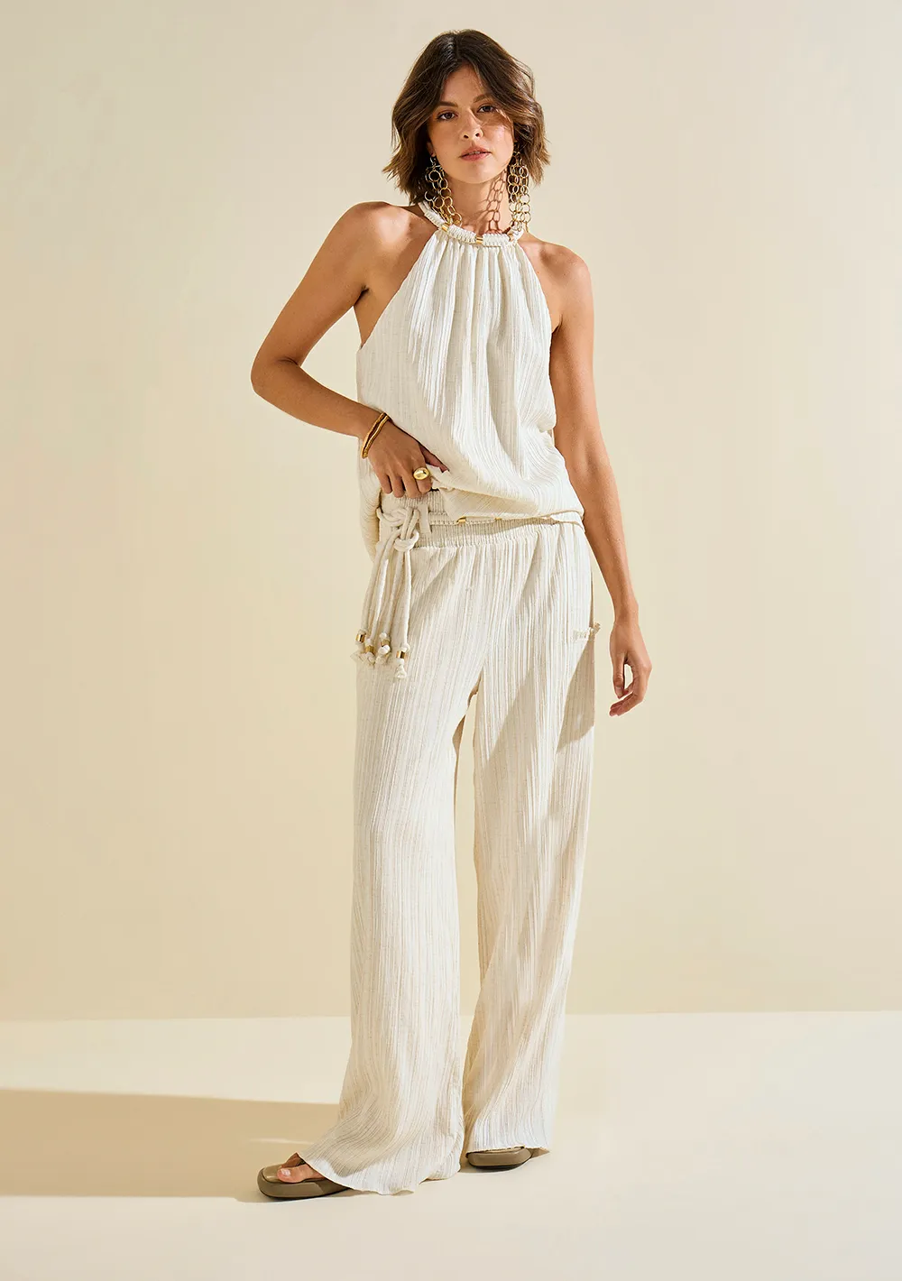 Calça Morena Rosa Pantalona Alta Bege