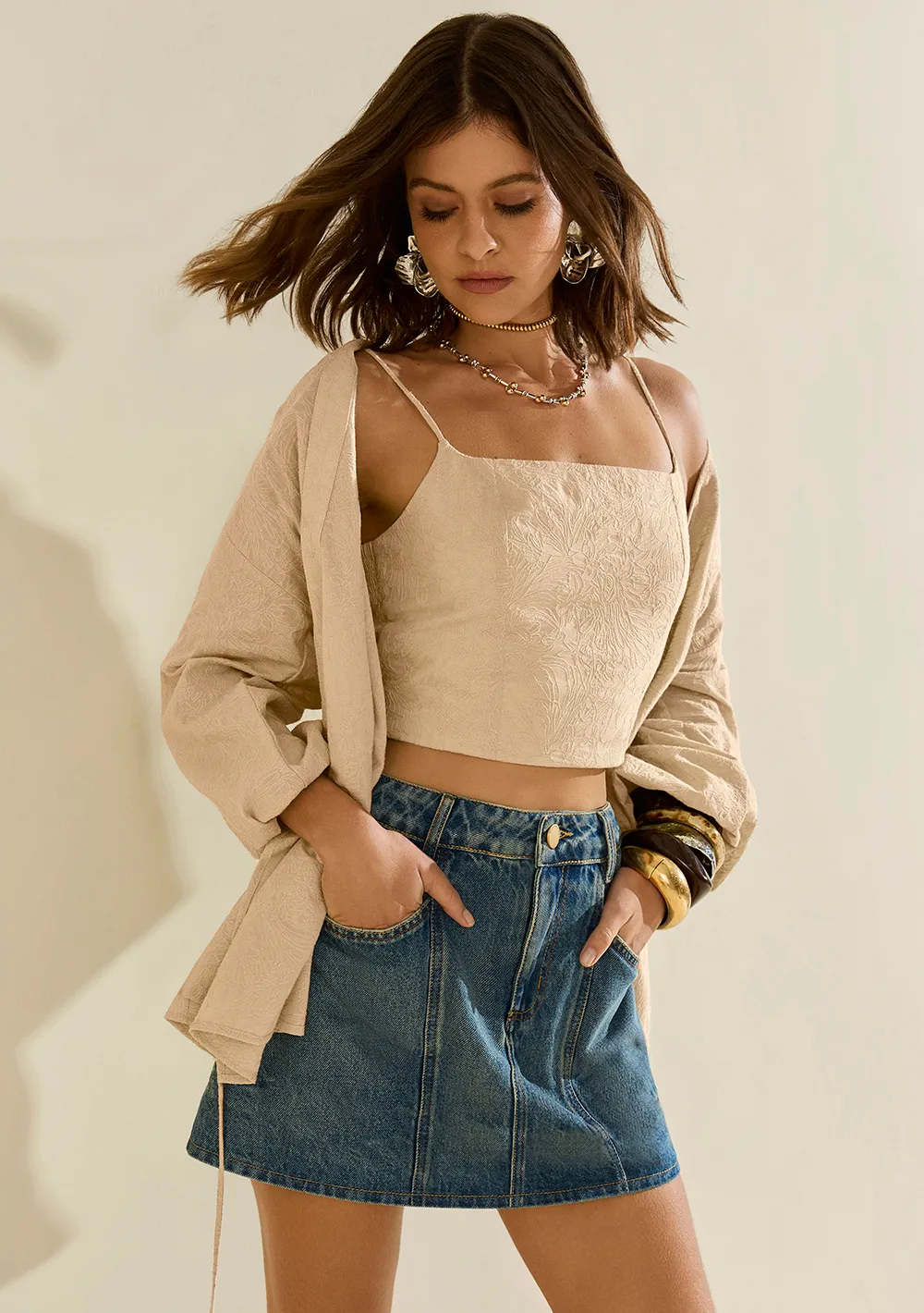 Saia Morena Rosa Reta Alta Curta Azul