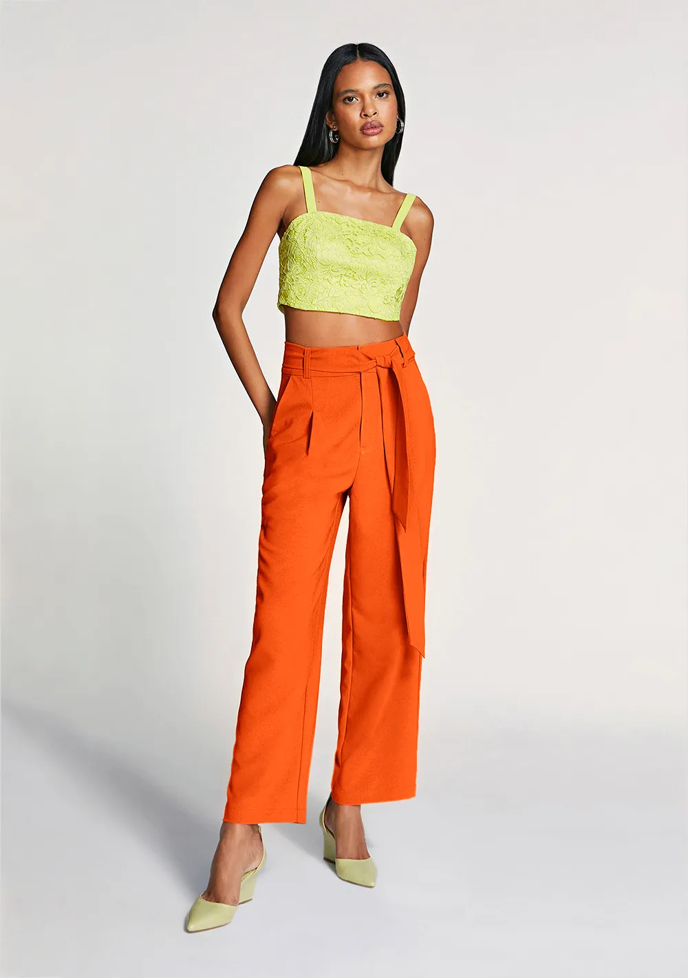 Calca Morena Rosa Alfaiataria Cós Alto Com Faixa Laranja