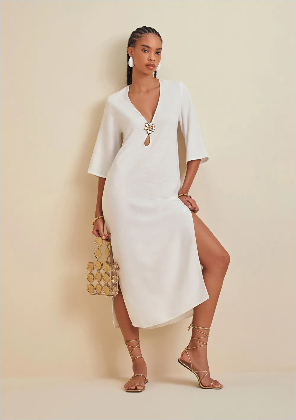 Vestido Morena Rosa Midi Decote V Com Passante Off White